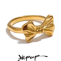 Yhpup Stainless Steel Casting Bow Knot Fashion Finger Ring Trendy Element for Women 18k PVD High Quality Plated Jewelry