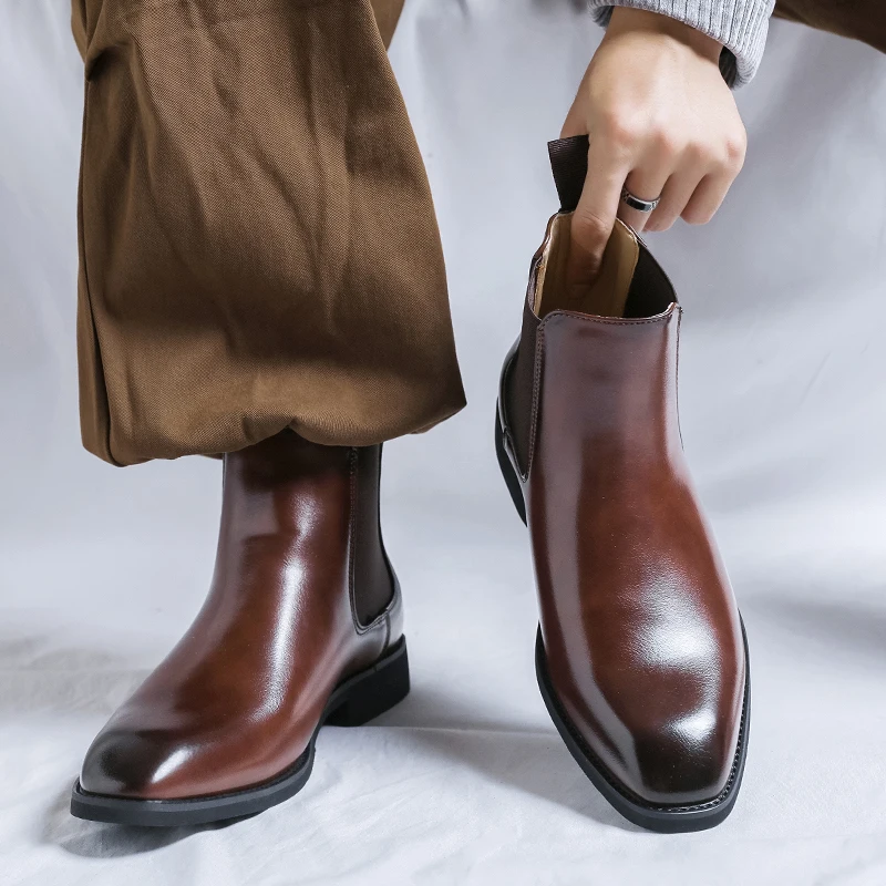 Autumn/Winter Black/Coffee Genuine Leather Pointed Toe High-top Bullock Oxford Dress Shoes For Men Ankle Business Chelsea Boots