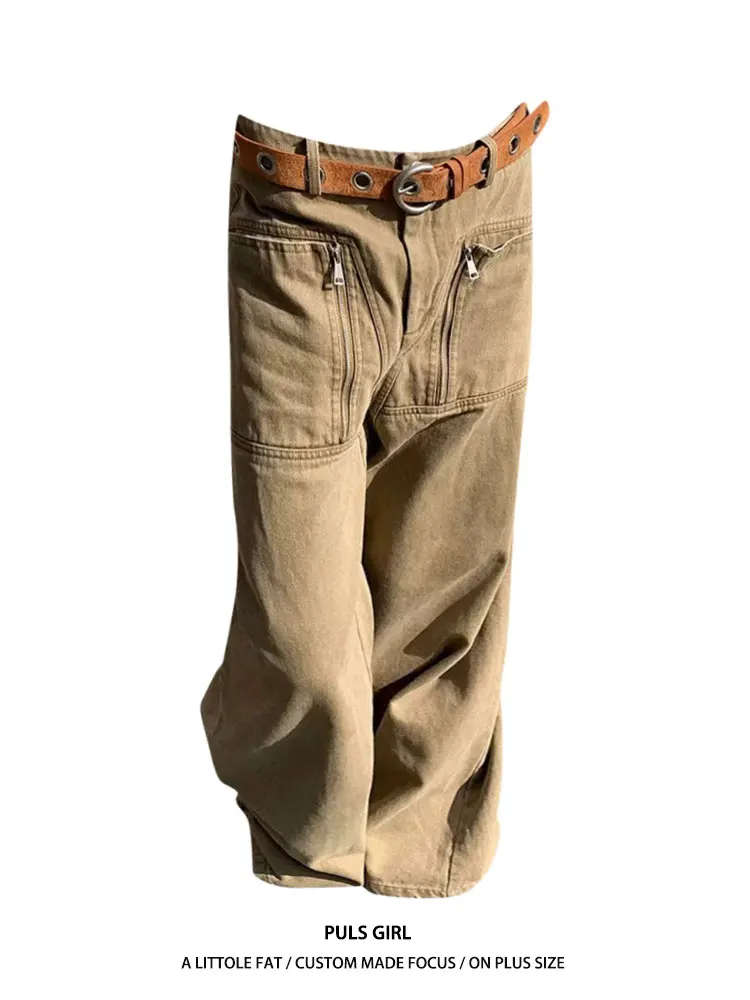 

Large Size American Retro Washed Zipper Pocket Jeans Women's Loose Wide Leg Floor-Length Pants Casual High Waist Other100%