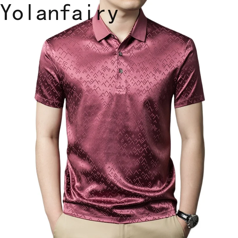 YOLANFAIRY 92% Mulberry Silk Polo Shirt for Men Mens T Shirt Summer Clothes Mens Fashion Tops Футболка Мужская Men Clothing