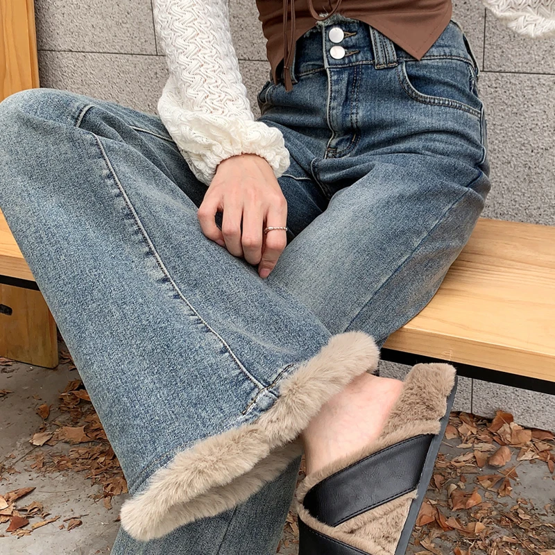 

2023 Winter Loose Plus Velvet Warm Flare Pants Woman Korean All-match Streetwear Denim Trousers Casual High Waist Baggy Jeans