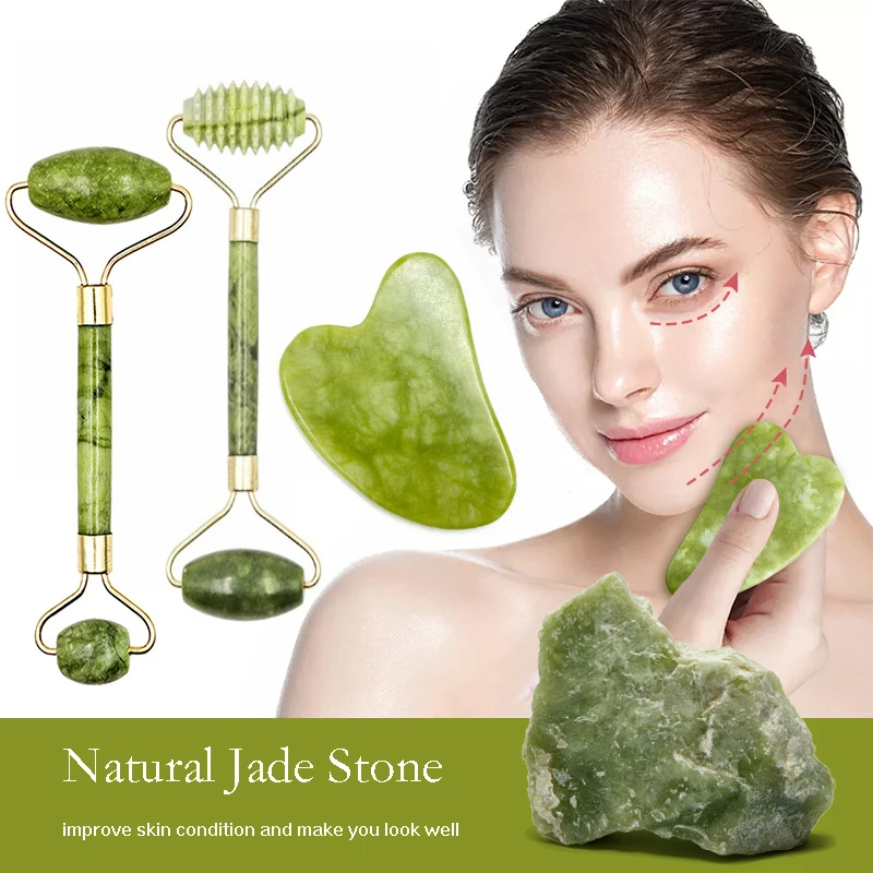 Gua Sha-Rodillo De Jade para masaje facial, juego De herramientas De piedra Natural para SPA, visera corporal, salud y belleza