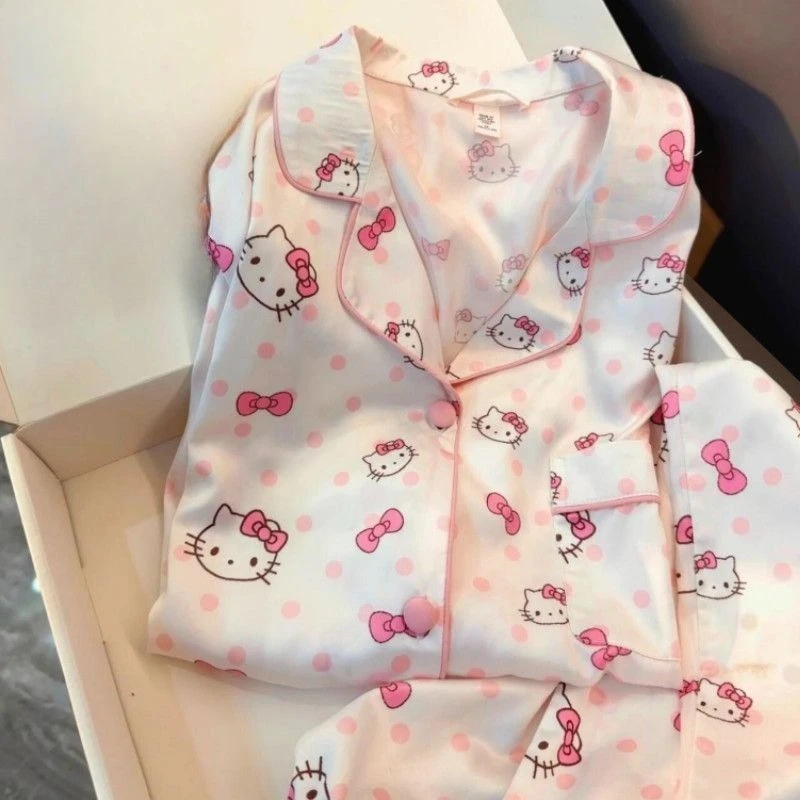 

Pink Kitty Long-sleeved Trousers Two-piece Pajamas, Grils Grey Cotton Ins Loungewear