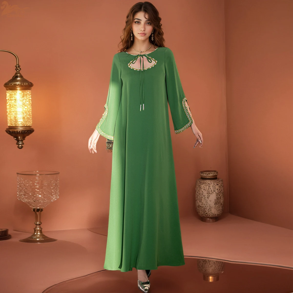 

Uni Dubai Luxury Woman Evening Dress Rhinestone Beaded Kaftan Loose Belt Abayas Caftan Marocain Femme