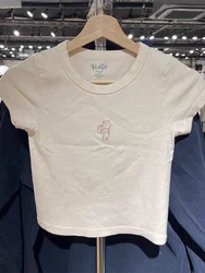 Strawberry Angel Baby Embroidery Crop Top Women Summer Beige Slim Short Sleeve Y2k T-shirts Female Retro Sweet Soft Cotton Tees