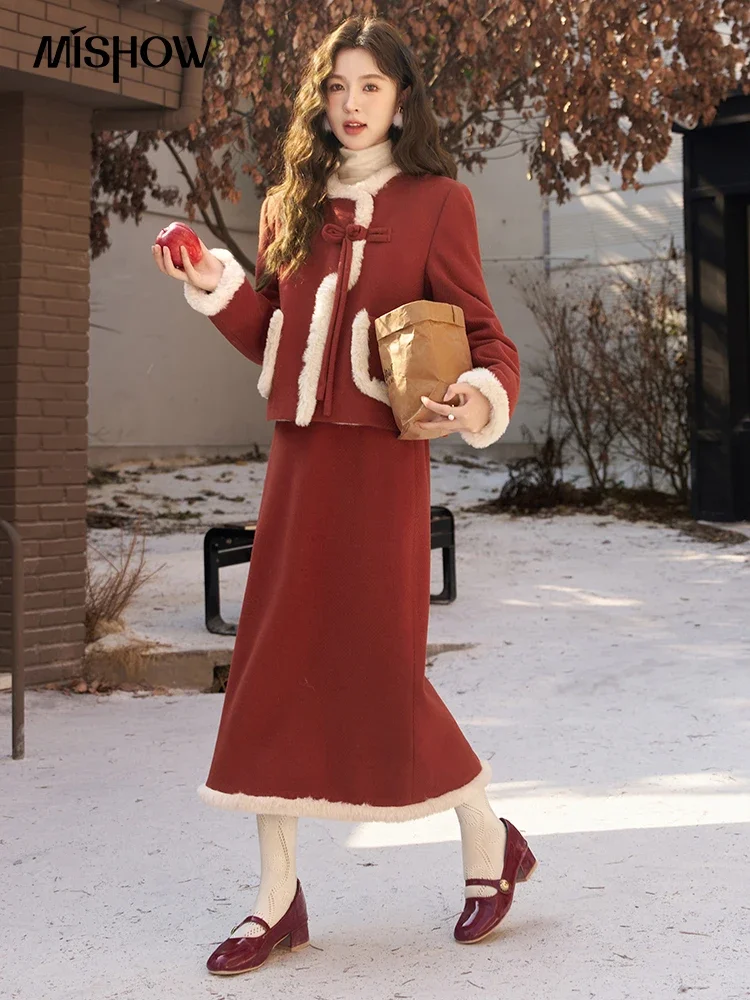 MISHOW Chinese Style Sets for Women 2 Pieces Down Jacket Slit Long Skirt Two Piece Set New Year Female Clothing MXC57Y0028