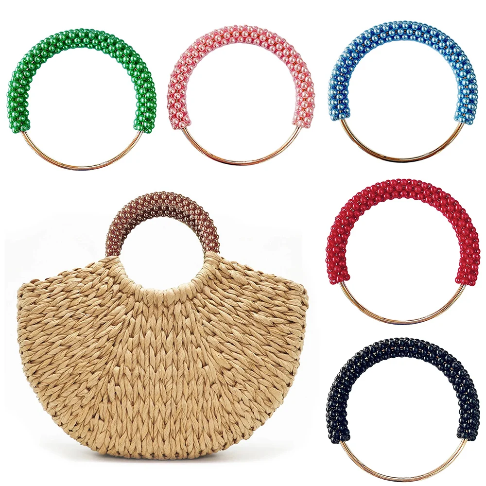 1Pc Pearls Bag Handle Round Shaped Metal Ring Handbag Handles Braided Beads Women Purse Frame DIY Handcrafted Bag Accessories