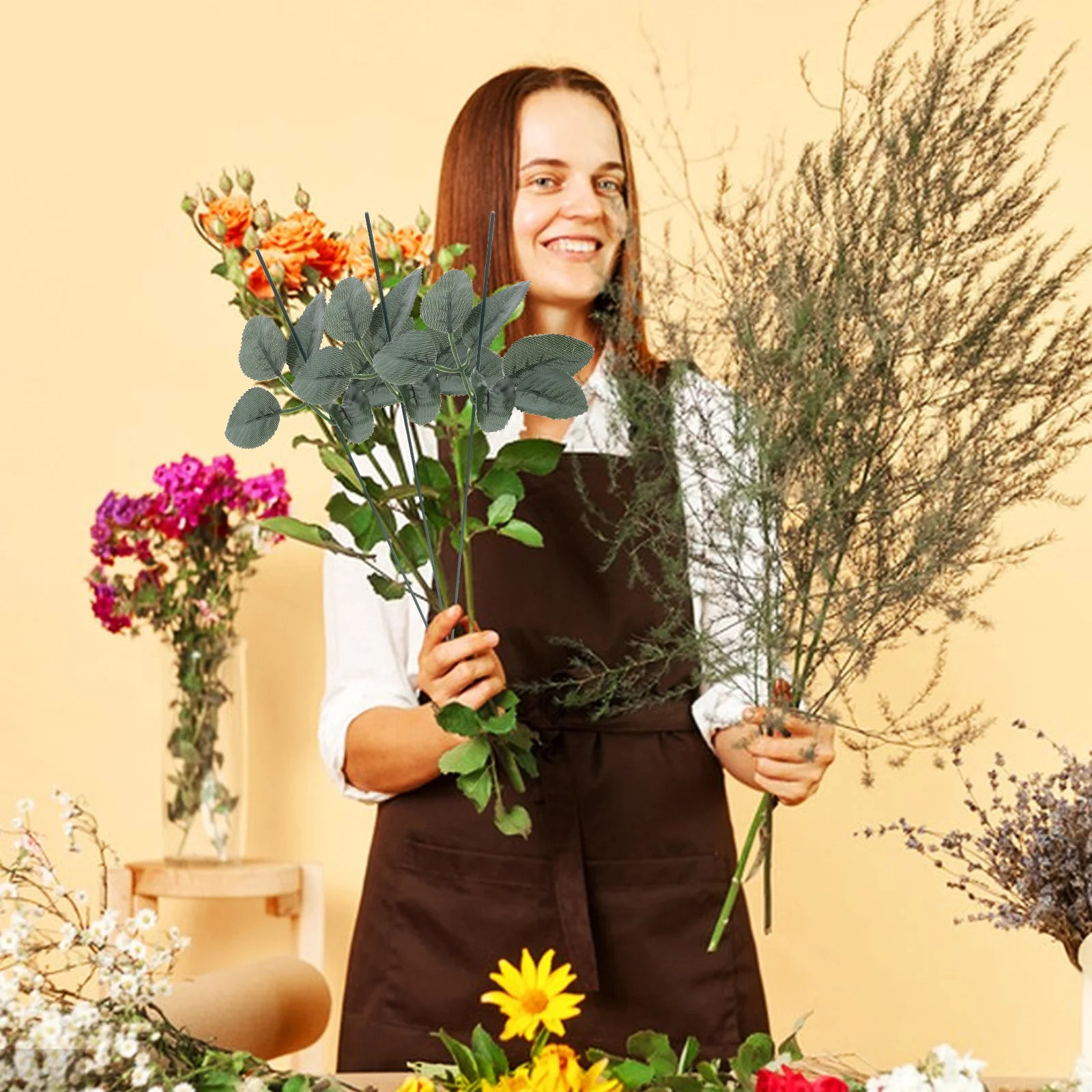 造花用ステムワイヤーキット、人工緑の葉付き、長い花茎、DIYフェイクフラワーアレンジメント、ブーケ用品、クラフト用