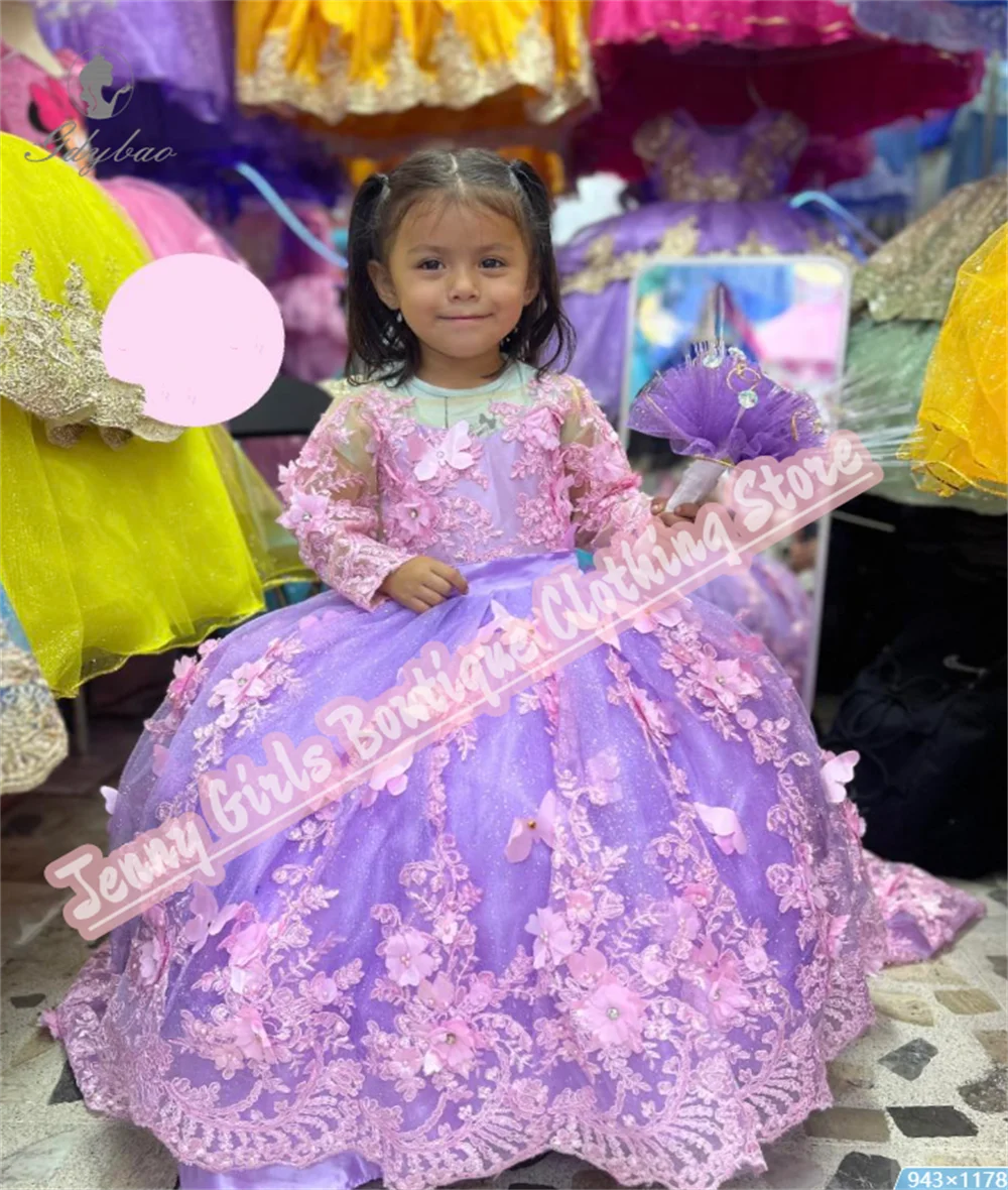 핑크 아플리케 소녀 생일 웨딩 플라워 걸 드레스 푹신한 긴 소매 귀여운 첫 성찬식 웨딩 댄스 파티 맞춤