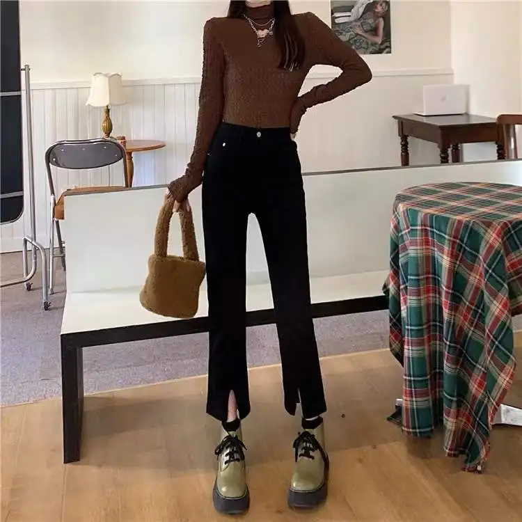 

Женские джинсы с высокой талией, прямые, больших размеров, утягивающие, черные, с разрезами, повседневные, укороченные, осенние, для женщин