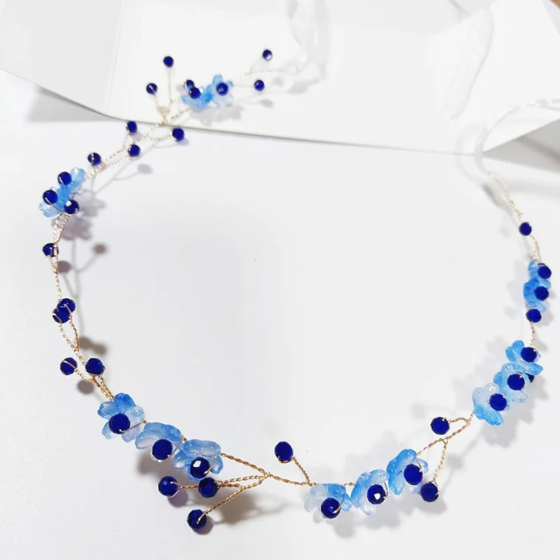

Handmade Bridal Blue Crystal Headdress Flower Hair Accessories Wedding Headband Bridal Headdress Princess Hair Strap