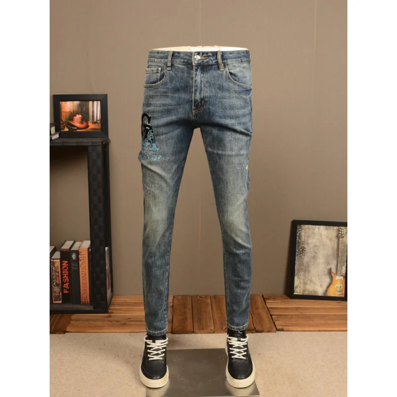 Retro Distressed Street Jeans Men's Slim Fit Skinny Stretch Fashion Printed Washed High-End Casual Quality Men's Pants