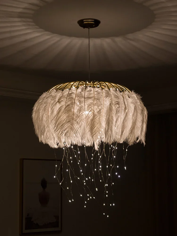 Modern Firefly Feather Chandelier Nordic Light Luxury Warm Romantic  Princess Living Room Wedding Room Bedroom Lamp