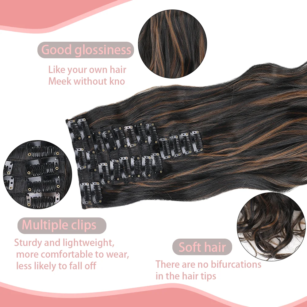 12pcs Highlight Balayage Dark Brown Hairpieces Clip in Hair Extensions 24inch Light Brown&Honey Blonde Synthetic Wavy Hair