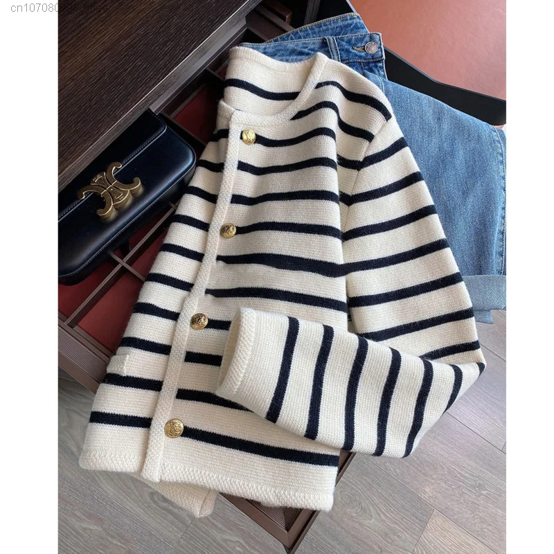 Striped Cotton Knitted Tops Women Autumn 2022 Soft Sweater Cardigan Loose Elegant Ladies Vintage Fashion Aesthetic Clothes Y2k