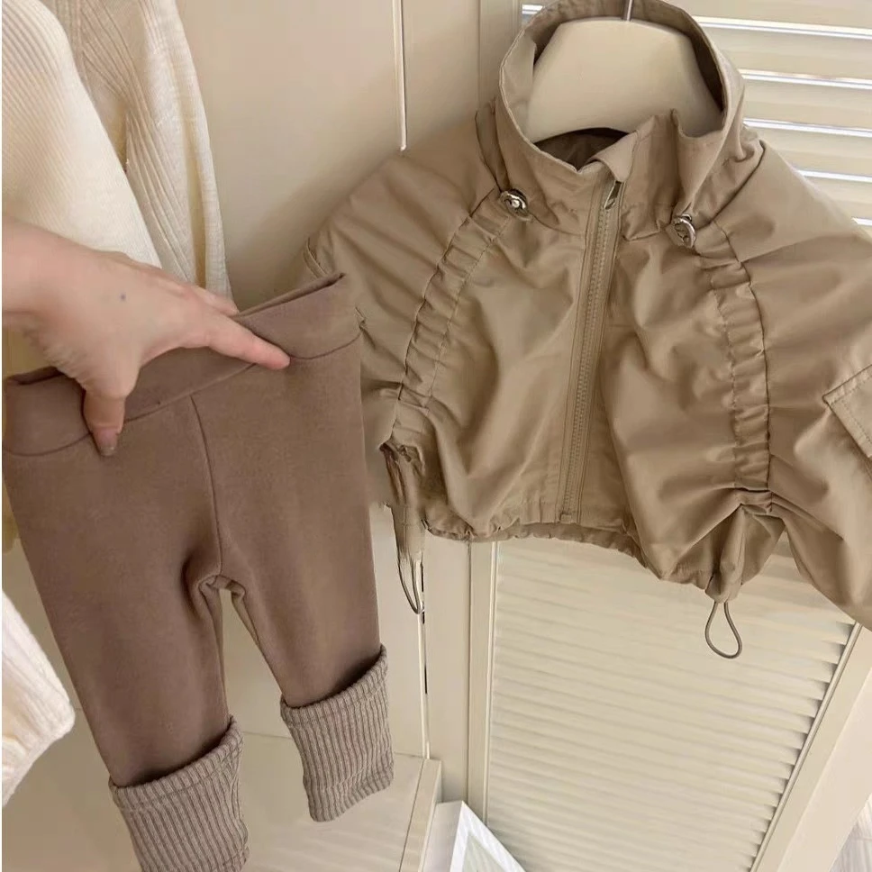 New Girls Drawstring Khaki Jacket Spring and Autumn Baby Girl Foreign Coffee Leggings Two-piece Set Children Casual Outfit