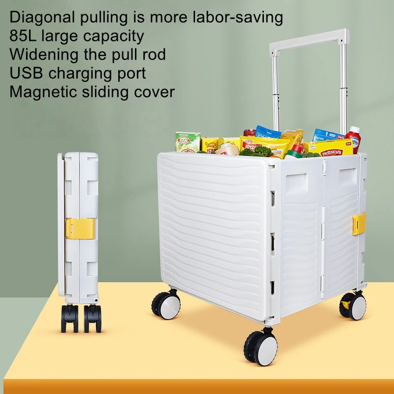 Magnetic-Attachment Integrated Grocery Cart with Swivel Wheels Foldable Aluminum Alloy Trailer for Household Shopping