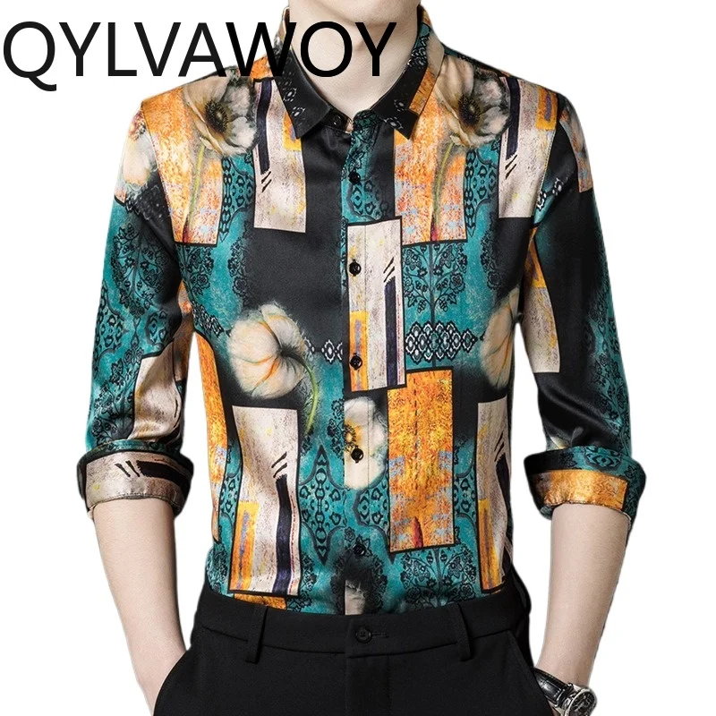 

QYLVAWOY 92.4% Real Mulberry Silk Men's Shirts Summer Tops Long Sleeves Menswear Clothing Thin Printed Shirts Business High-end