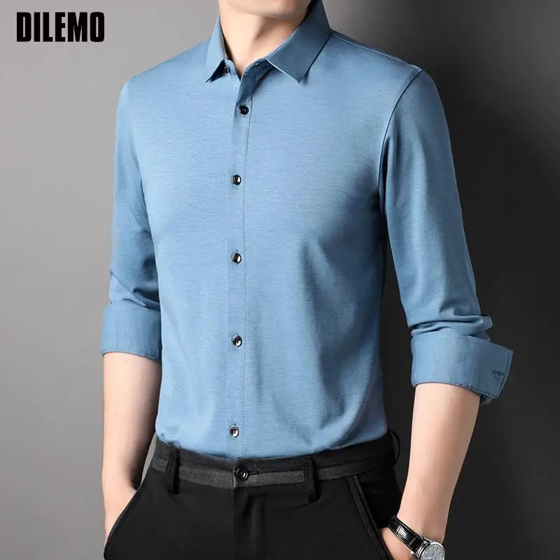 Top Grade Mulberry Silk 5.2% New Slim Fit Fashion Designer Brand Luxury Men Shirts 2023 Plain Long Sleeve Casual Mens Clothes