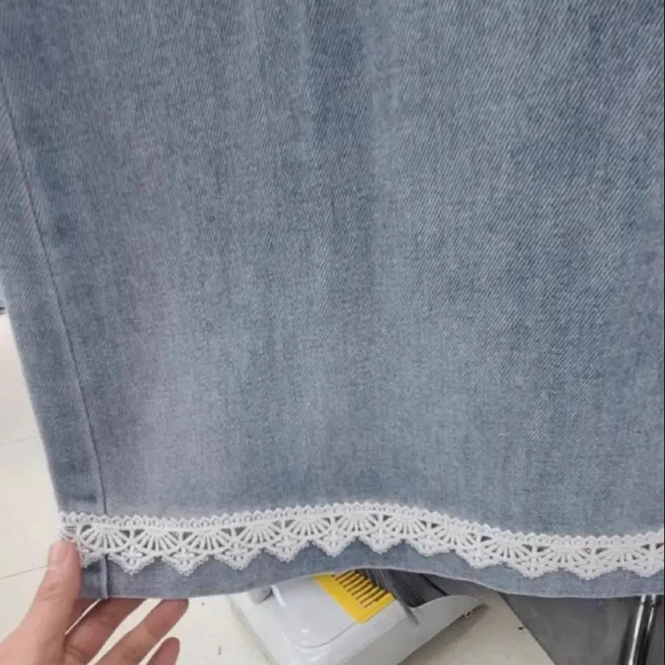 Pantalones vaqueros acampanados de encaje azul claro para mujer, pantalones vaqueros de pierna ancha holgados de cintura alta elegantes, pantalones casuales de primavera para mujer