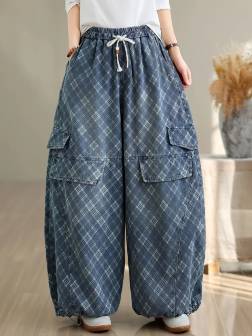 Retro New Chinese Style Washed Print Denim Wide Leg Pants Women's Loose plus Size Casual Slimming Skirt Pants Autumn 2026