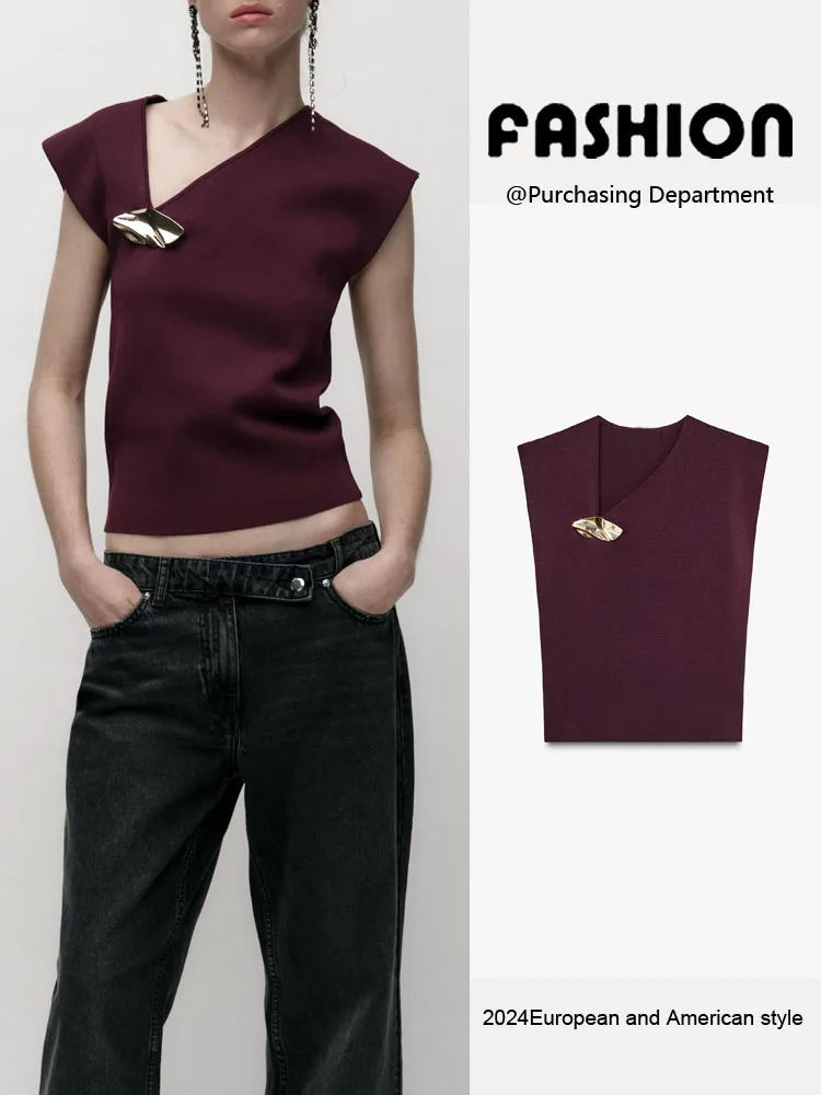 

Spring New Arrival Women's Faion Gold Embellied Punk Sle Svel Knitted Top Commute Pure Color Other 00%