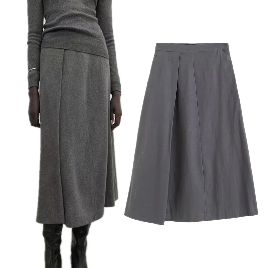 

Dave&Di Fashionable Pleated Midi Skirt High Skirt Gray Simple Waisted Commuting Casual Skirt Ladies Women's