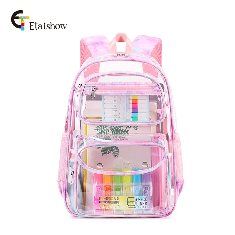 Transparent PVC Backpack Tie-dye Rainbow Print Schoolbag Student Lunch Box Pen Case Backpack 3 Piece Set Large Capacity Backpack