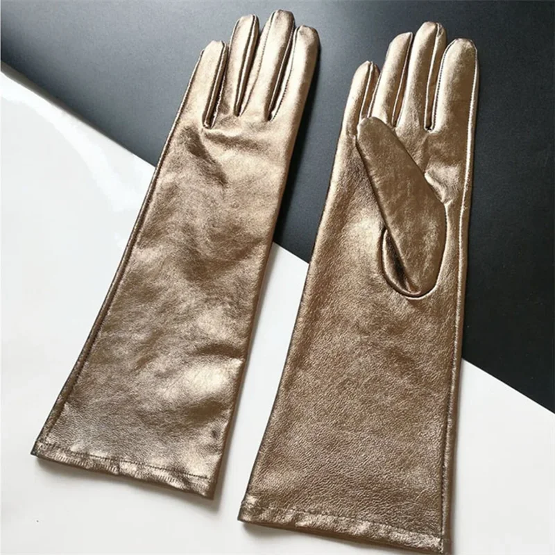 Women's Medium Long Gold Color Genuine Leather Glove Lady's Fashion Natural Leather Long Driving Glove