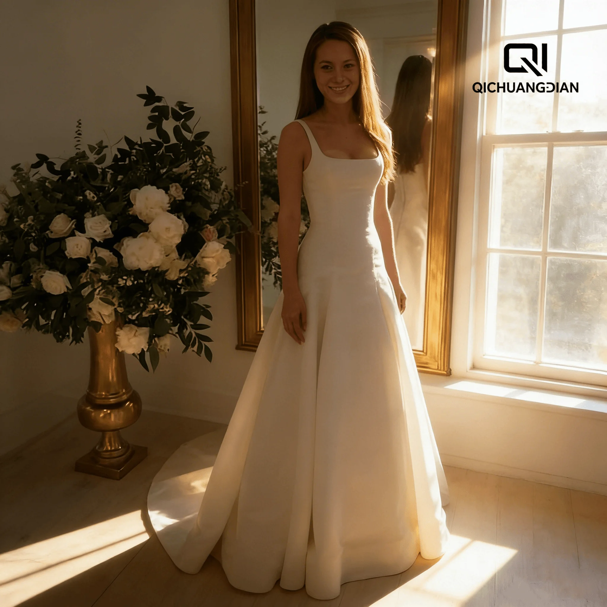 

Customized New Arrival Wedding Dress Square Collar A-Line Zipper Bridal Gown Backless Sweep Train vestido de noiva For Women