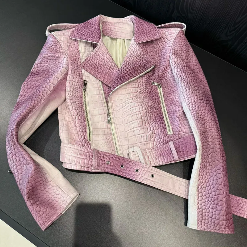 Women Coat Spring 2025 New Fashion Genuine Leather Jacket Imitation Crocodile Skin Texture Motorcycle Model