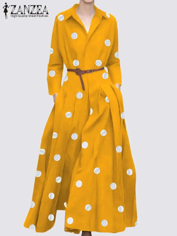 2024 ZANZEA Autumn Shirt Dress Women Elegant Polka Dot Vestidos Chic Bohemian Maxi Dress Casual Holiday Long Sundress OL Kaftan