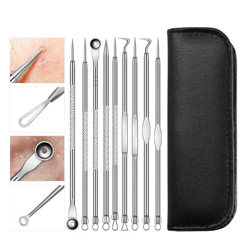 9PCS Blackhead Remover เข็มสแตนเลสสตีลนวด Pore สิวเสี้ยนสิว Skin Care ลึก Cleana เข็มเครื่องมือ