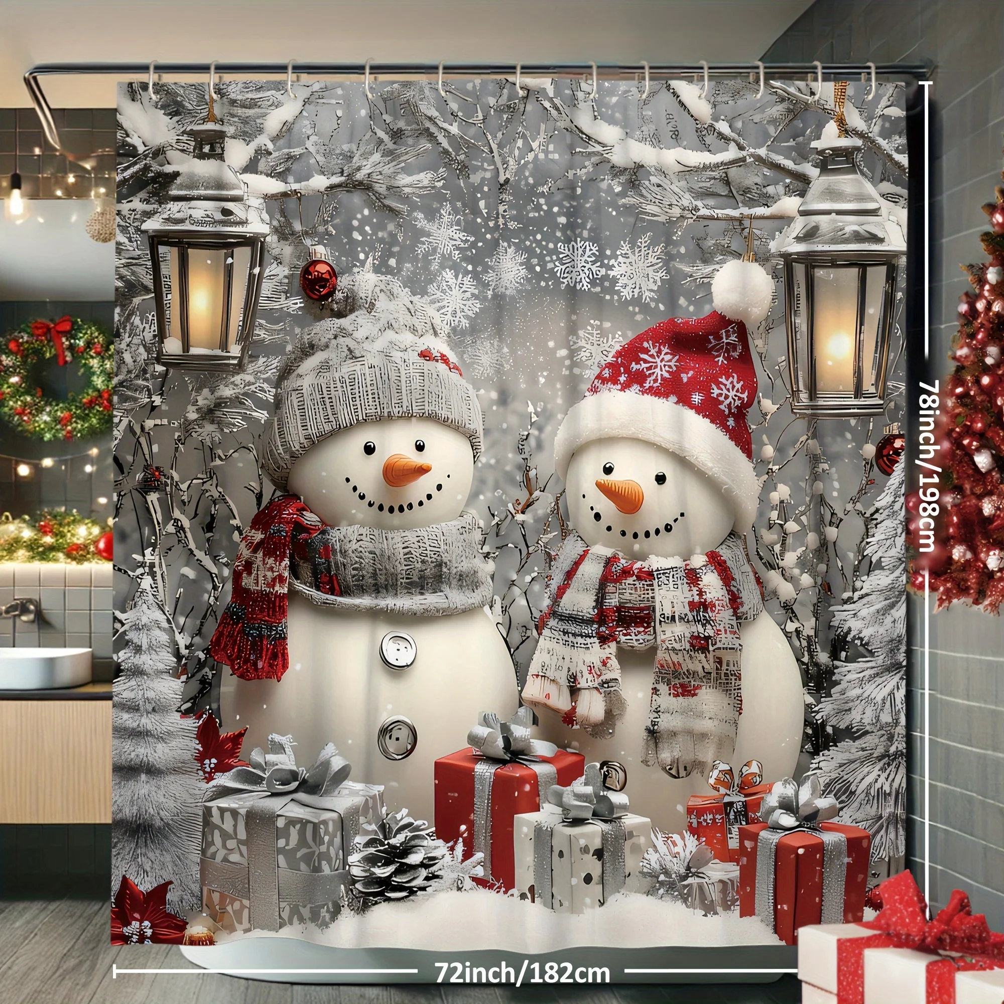 Christmas Winter Decorations Shower Curtain Snowman Snowflake Gift Tree Cute Funny Red Silvery Shower Curtain Washable