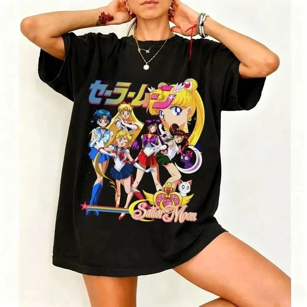 T-shirt graphique rétro Sailor Moon années 90, en coton pur, décontracté, à manches courtes, style hip-hop, unisexe, pour couple, été