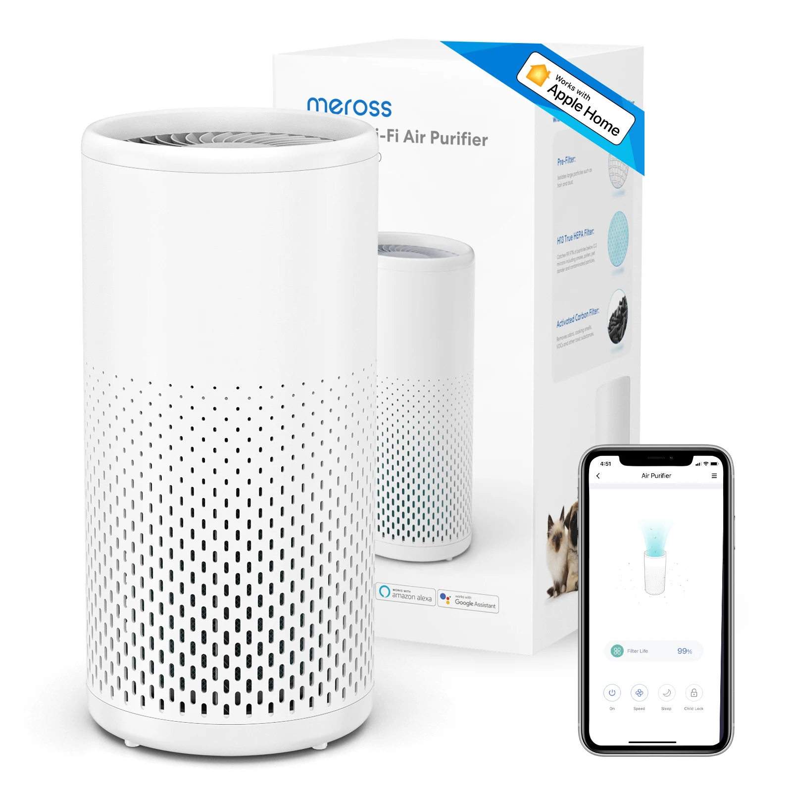 Meross Smart Mute Air Purifier Smart Control 3-stage H13 True HEPA with Activated Carbon Filte Works with HomeKit Alexa