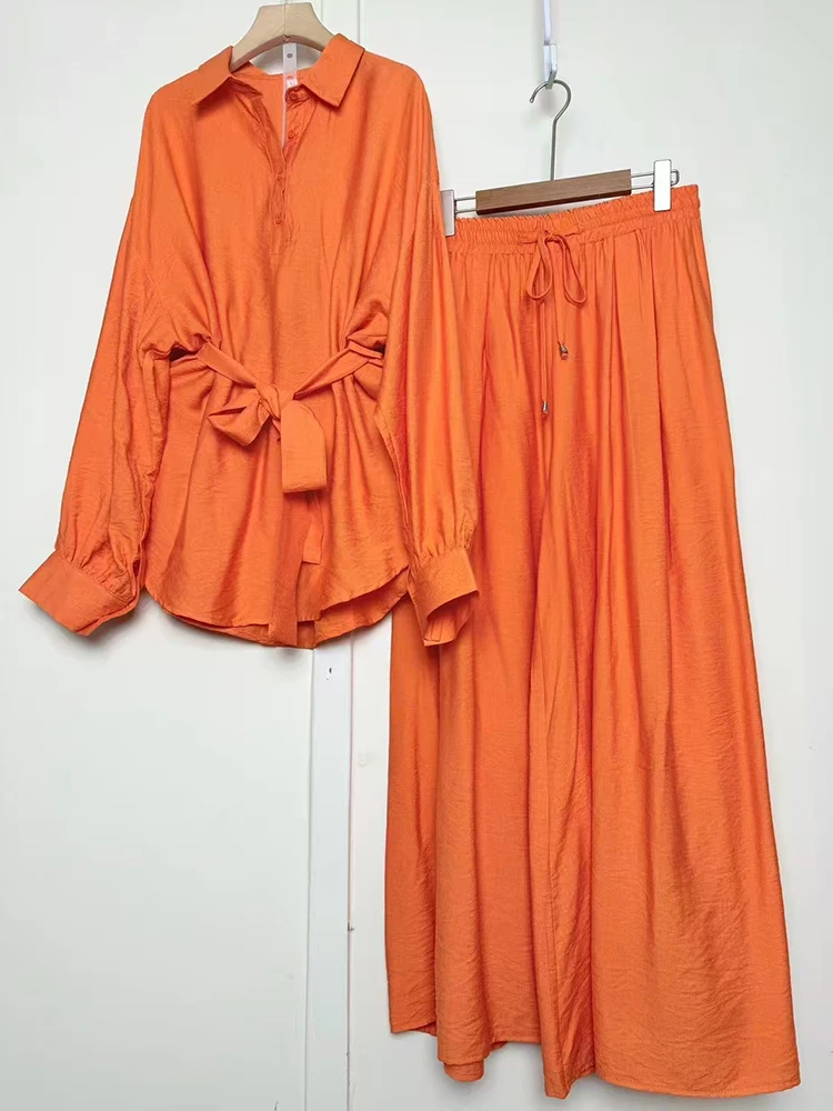 Retro collar tie waistband pullover shirt two-piece set for 2026 spring women's clothing+loose wide leg pants skirt set
