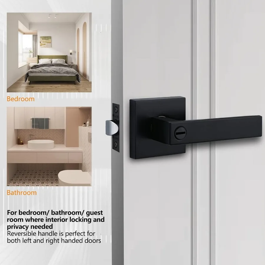 مقبض مربع للخصوصية عالي التحمل، رافعة باب سوداء غير لامعة بدون مفاتيح لأمن غرفة النوم أو الحمام، تصميم متين مع سلسة