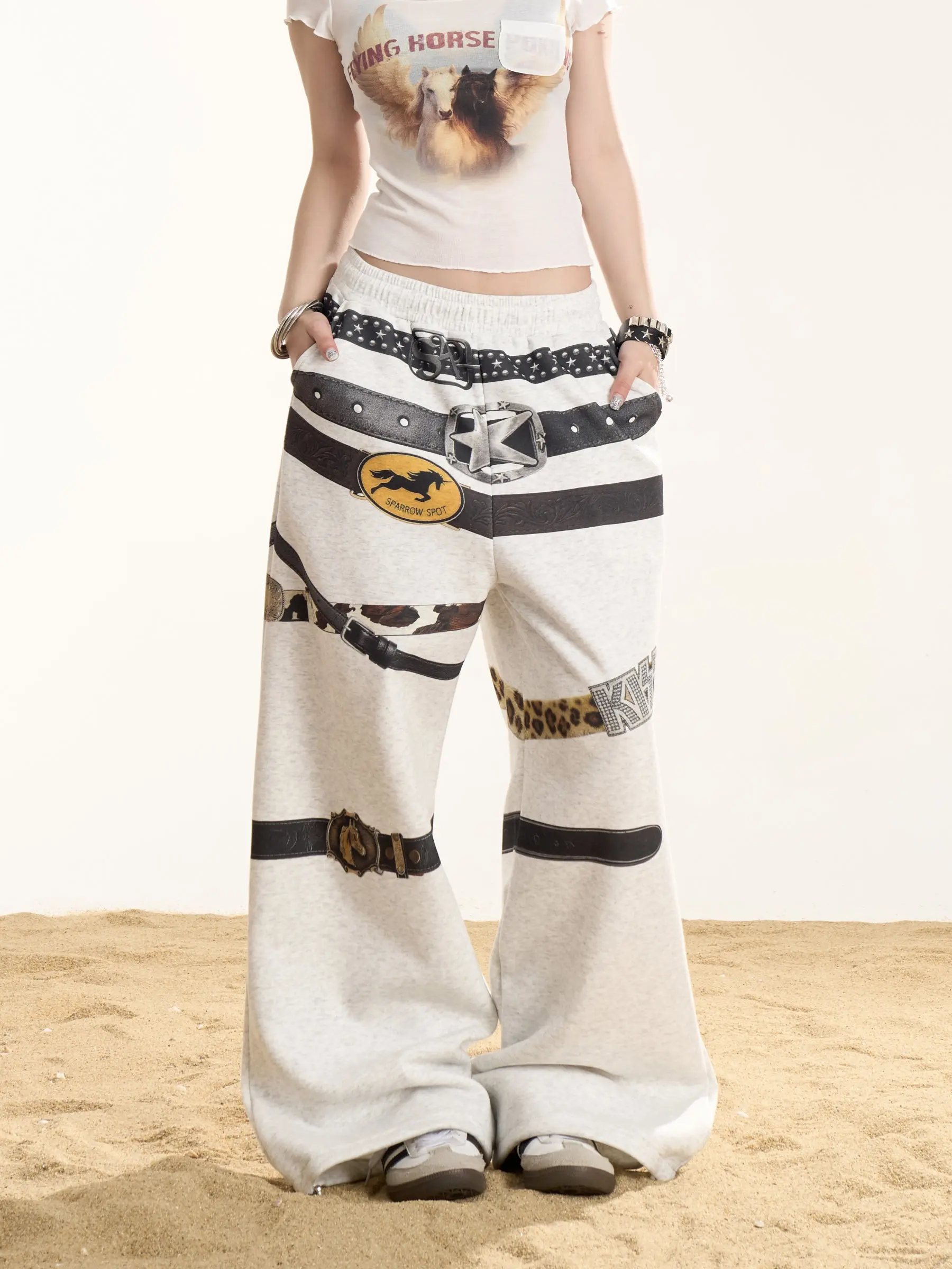 

Onlpp American Retro Chain Print Wide Leg Pants Women Loose Slimming Casual Long Trousers Fashionable Natural Waist Elastic