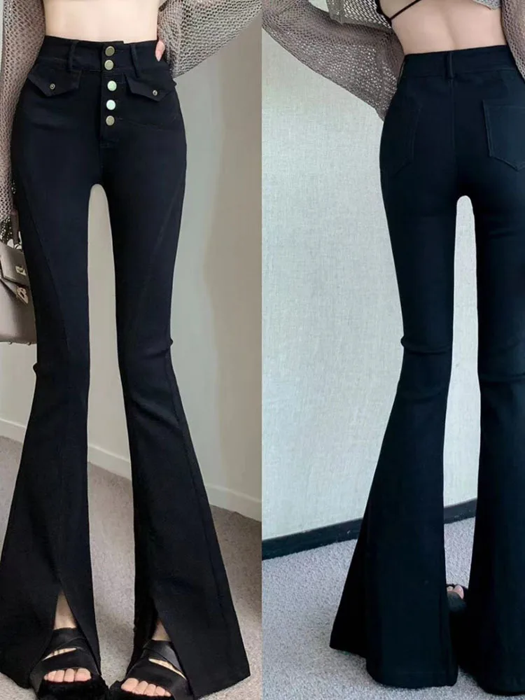 

Fashion Women's Jeans 2023 Autumn New High Waist Slimming Tight-breasted Raw Edge Stretch Flared Trousers Korean Women Clothing