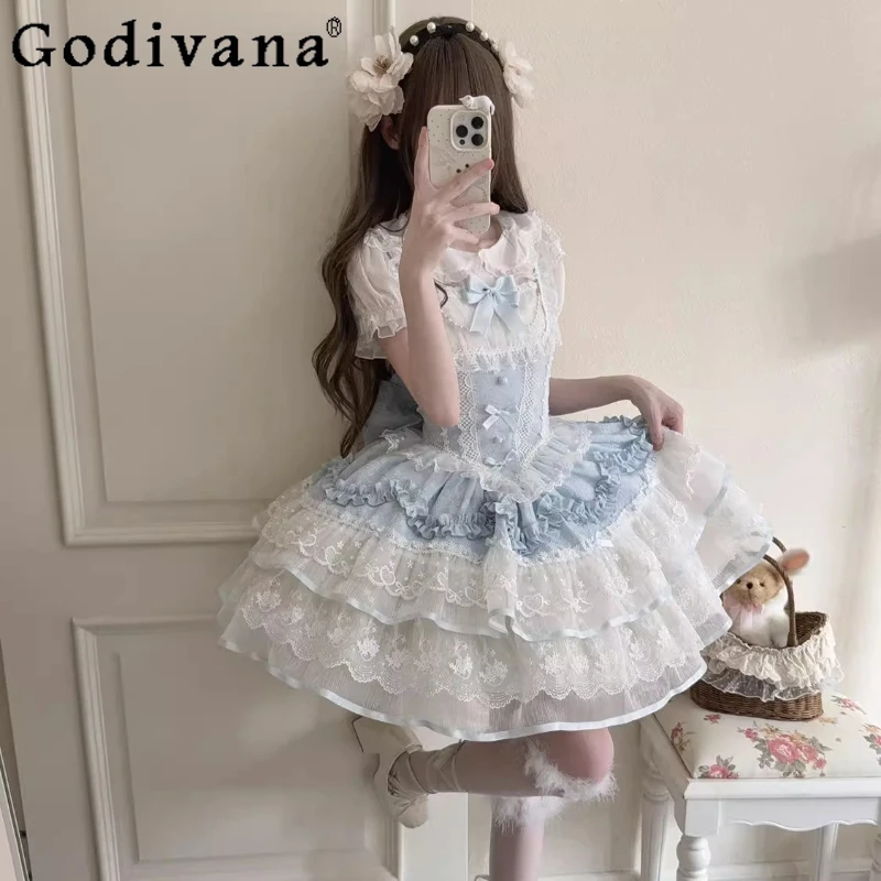 

Original Lolita Suspender Dress Jsk Summer 2025 New Japanese Sweet Girls Cute Bow Lace Birthday Dress Ballet Style Mini Dresses