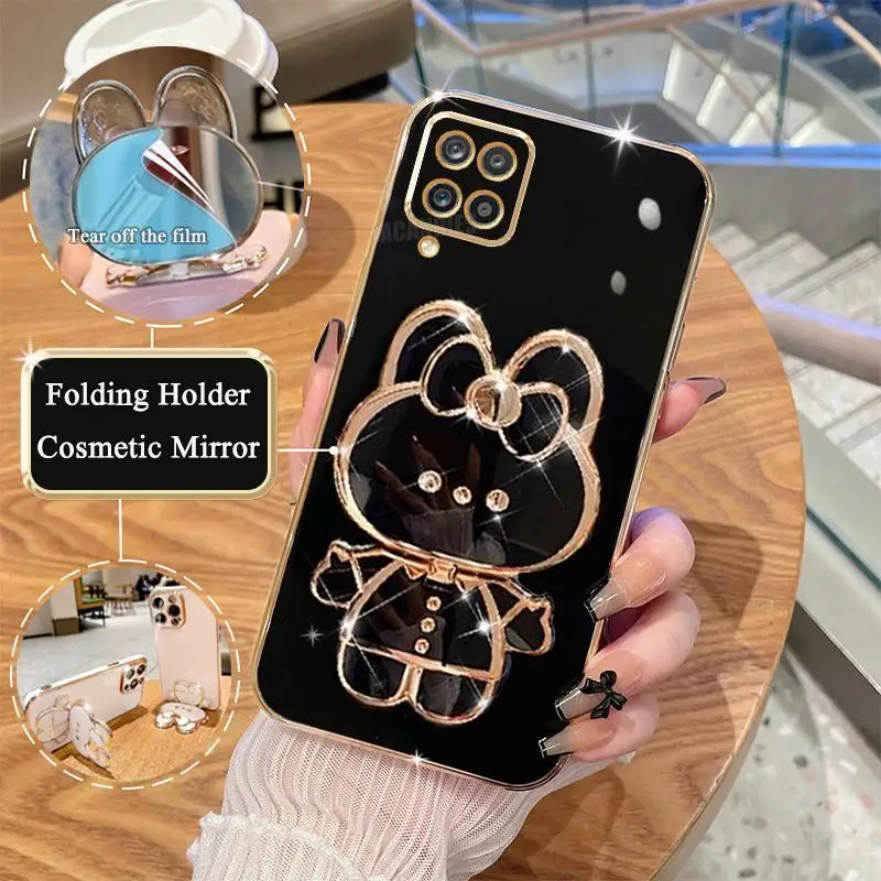 A 12 22 Luxury Plating Mirror Holder Case For Samsung Galaxy A12 A22 M32 4g 5g A42 M12 M33 M53 Silicone Stand Cover A02 A03 A05