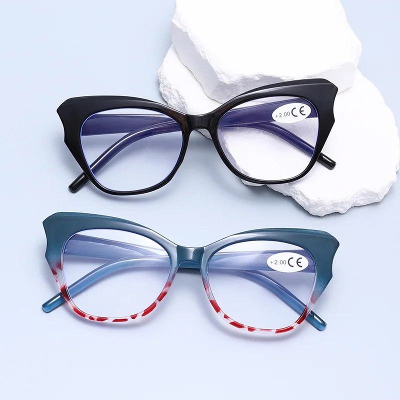 Cat Eye Reading Glasses for Women Fashionable Trendy Prescription Eyewear Anti Blue Light Hyperopia Correction Eyeglass +1+1.5+2