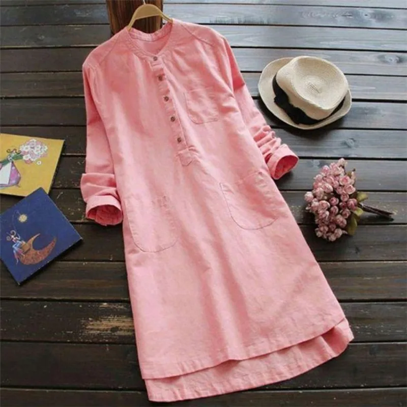 Women's Cotton Linen Shirt Long Shirt Dress Long Sleeve Dress Women's Spring Autumn Solid Color Buttons Loose Over The Knee