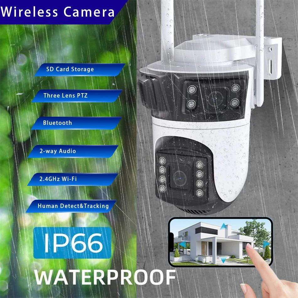 ICSEE 8MP Wifi Surveillance Camera with Three Lens PTZ Motion Detection Auto Tracking Outdoor Waterproof CCTV IP Camera wireless