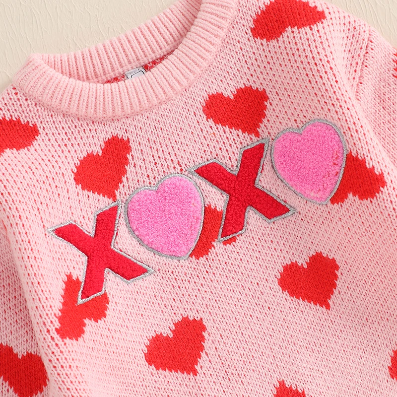 Valentine s Day Love Heart Pattern Knit Sweater Long Sleeve Crew Neck Pullover for Baby Girl with Embroidered Letters