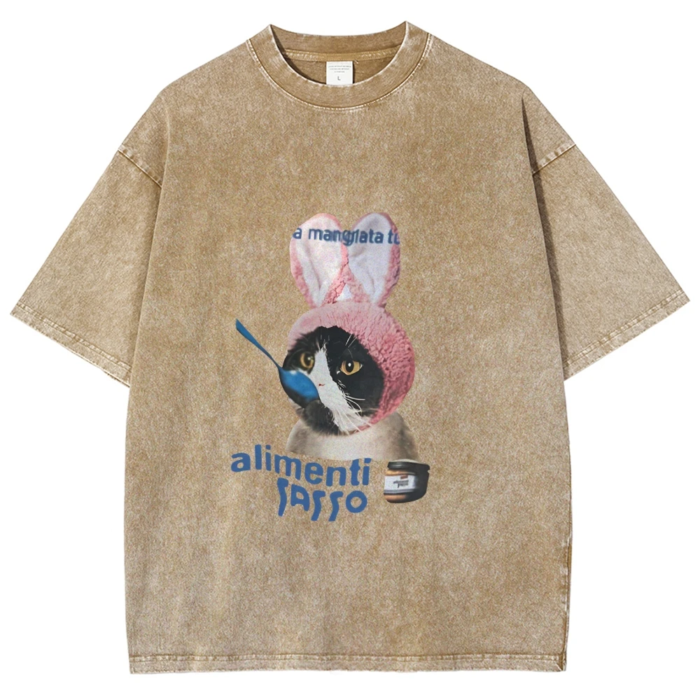 

Cat With Bunny Ears Denim Tee All - Cotton Washed Tee Featuring Cat In Pink Ears. High-Quality, Quirky Design For Cat Lovers