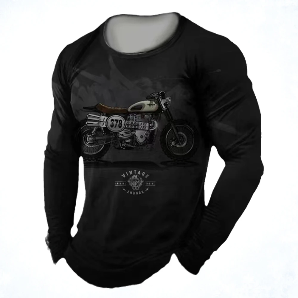 Men\'s Vintage Clothing Long Sleeve Top 3d Printed Motorcycle Pattern Black T-Shirt Simple Casual Round Neck Oversized Top