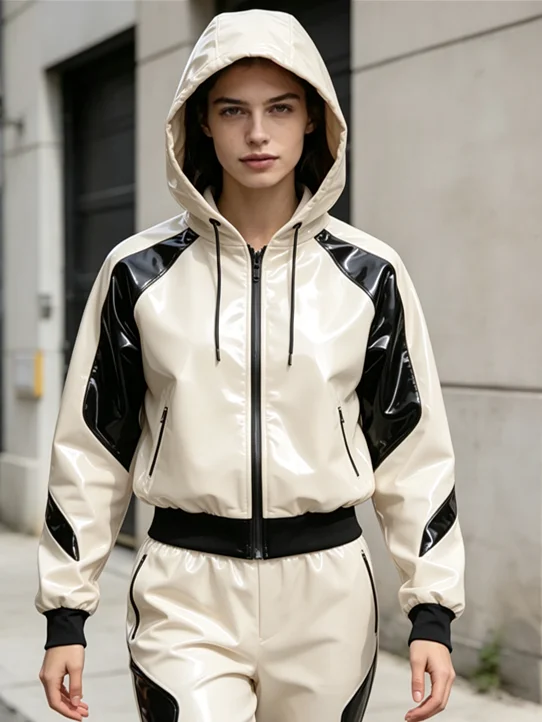 Latex Rubber Catsuit Cosplay Overall Bodysuit 0.4mm Cosplay Hooded coat jacket