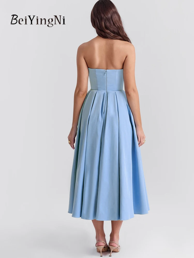 Beiyingni White Corset Dress Women Elegant French Backless Slim Fit A-line Long Dresses Casual Blue Midi Prom Night Club Dress